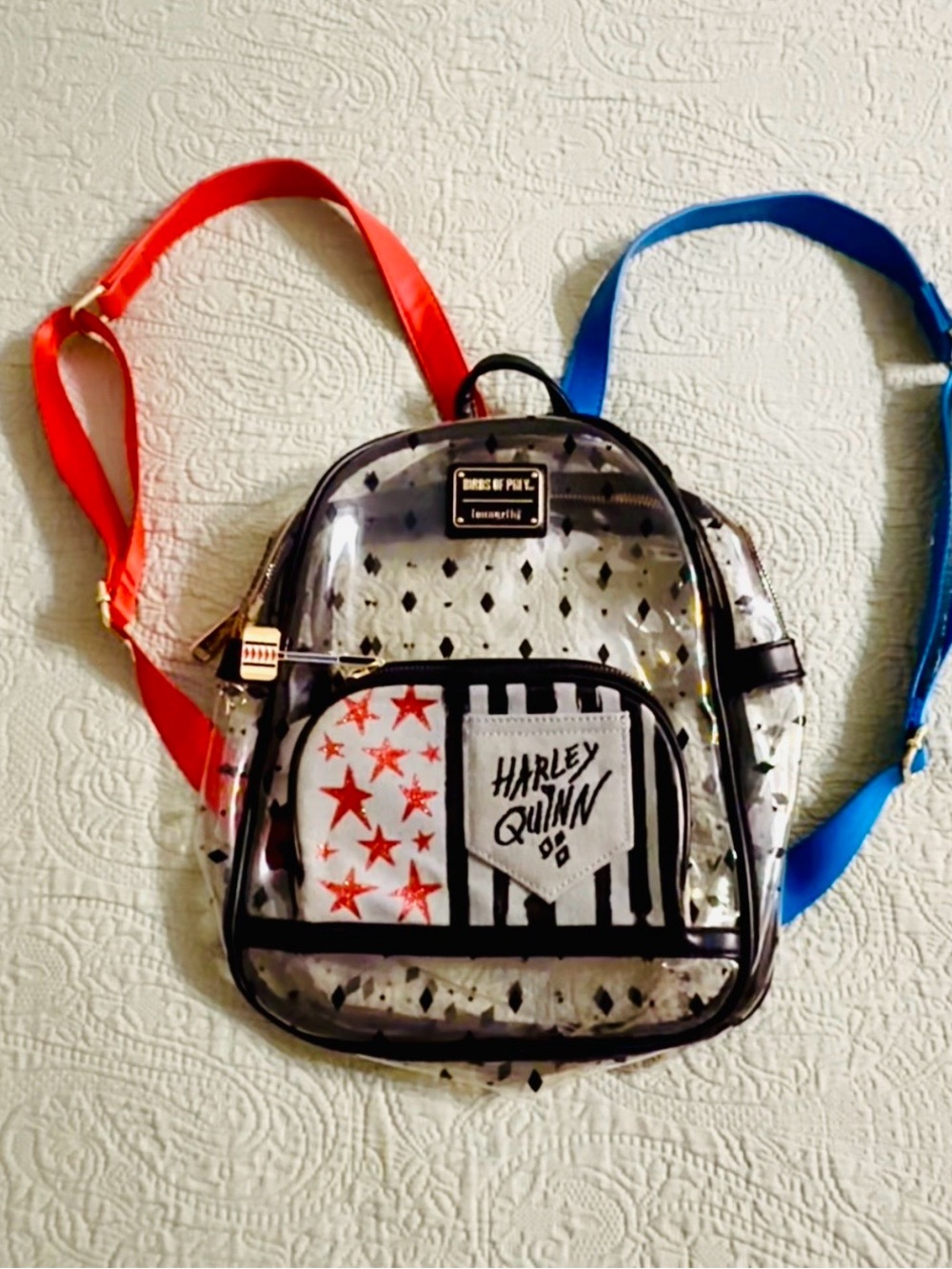 Loungefly DC/Birds of Prey/Harley Quinn clear backpack, slightly used.